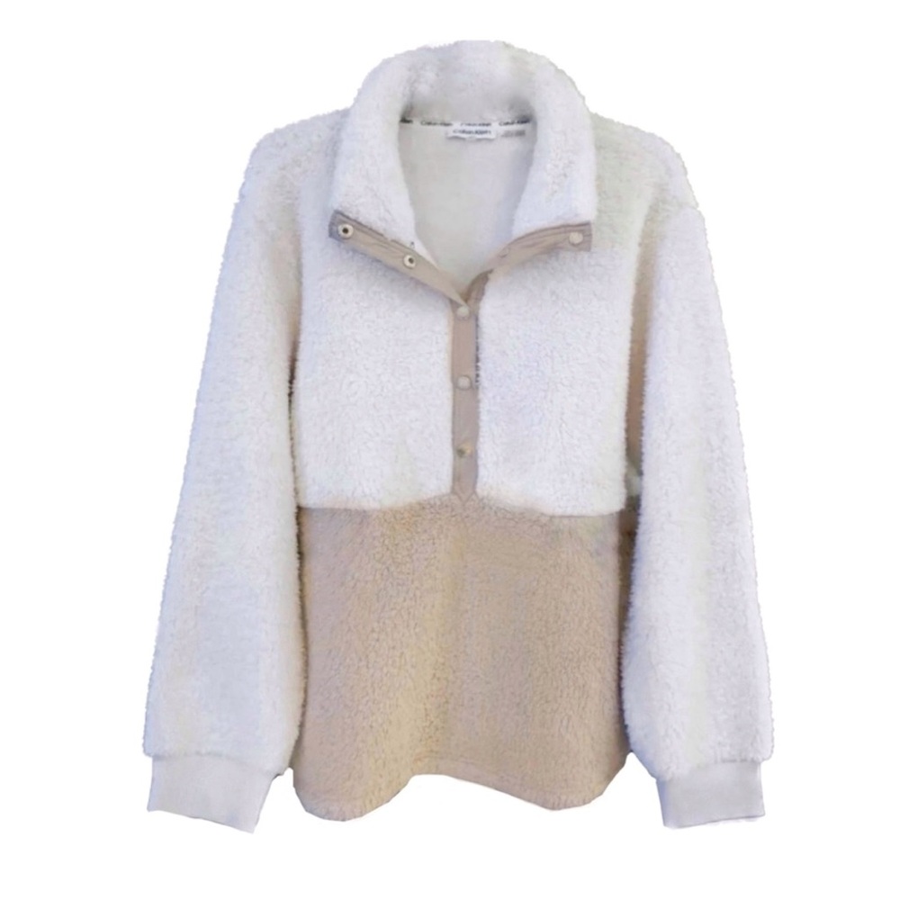 Calvin Klein Cream and Camel Gold Button Half Snap Pullover Sherpa Jacket